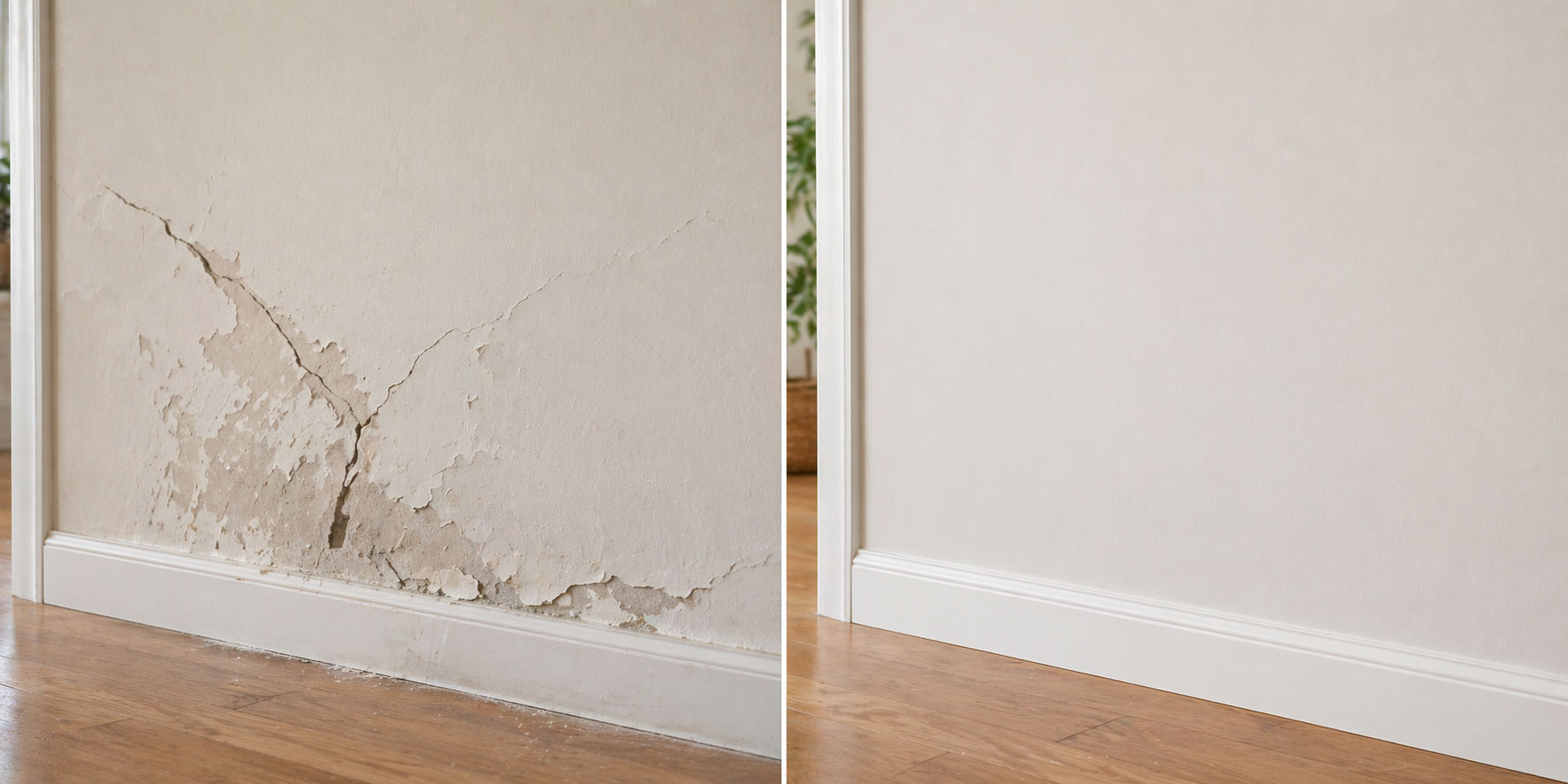 wall repair Adelaide. Before and after of wall crack now fixed.